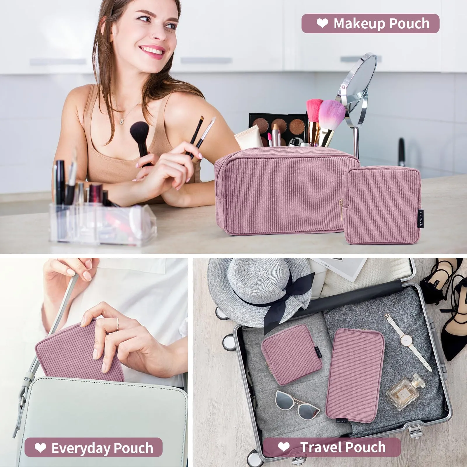 MAGEFY Small Makeup Bag for Purse Mini Cosmetics Bag Corduroy Cute Cosmetic Pouch for Women with Slip-in Pockets (Pink)
