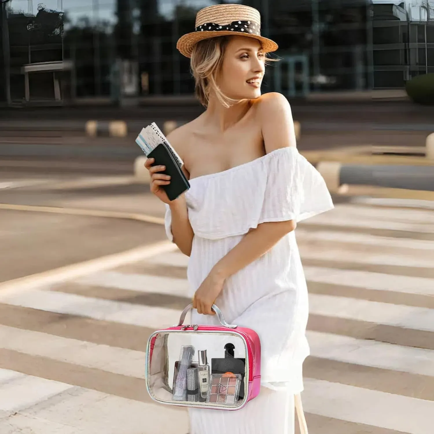 Makeup Bag TSA Approved with 4 Pack Travel Bottles for Tolietries Silicone Travel Cosmetic Bag Travel Accessories with Clear Toiletry Bag Gift for Women (Metallic Pink)