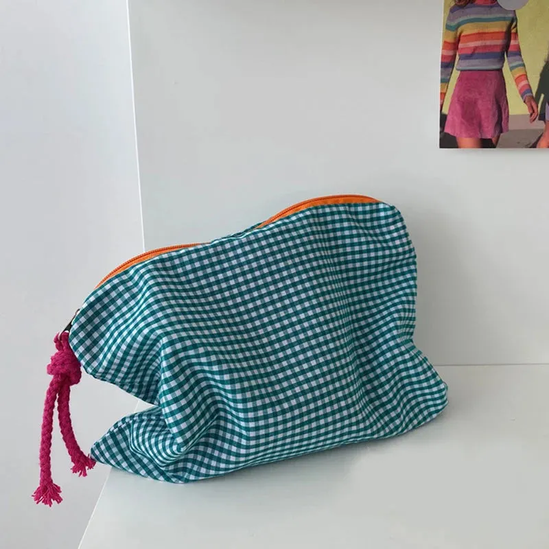 Makeup Storage Bag Fashion Contrast Color Storage Bag Purses Cotton Zipper Pouch Women Plaid Portable Travel Cosmetic Bag