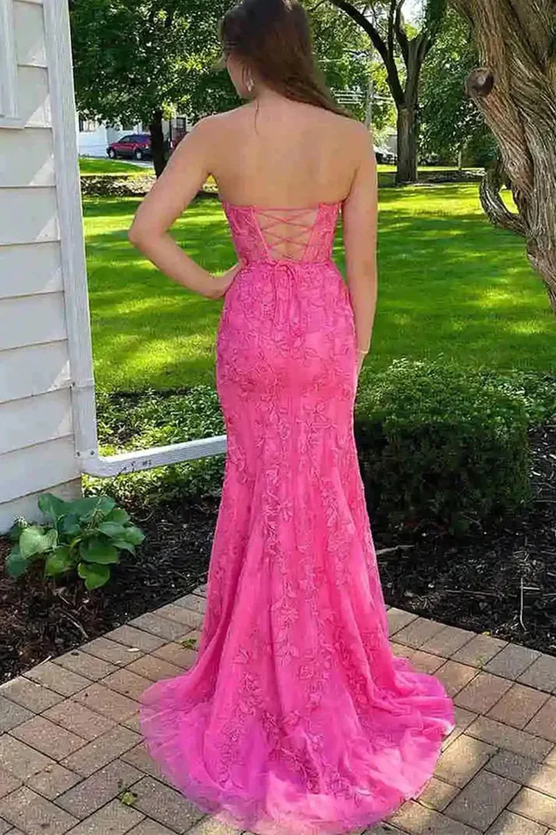 Mermaid Sweetheart Hot Pink Lace Appliques Prom Dresses
