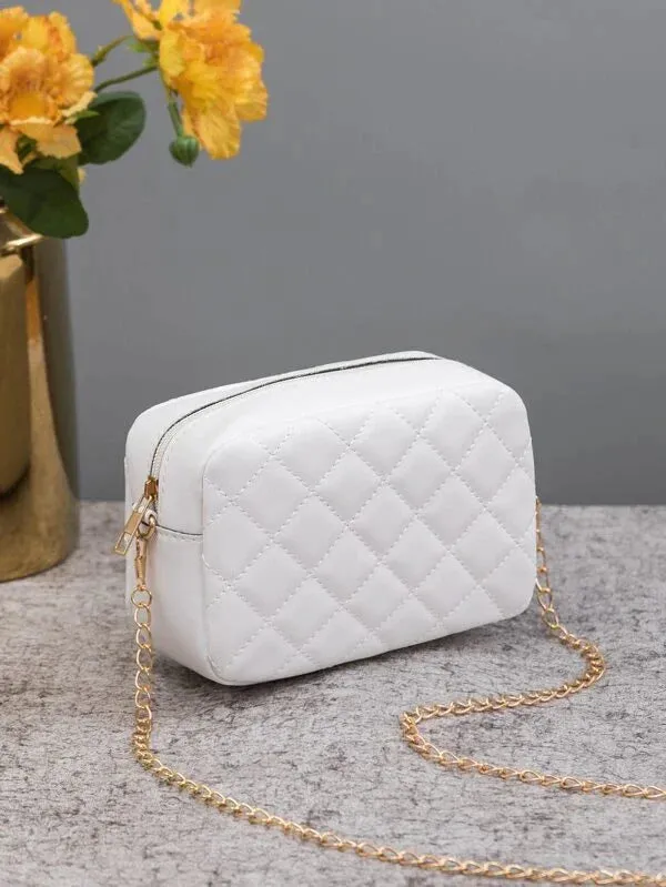 Minimalist Quilted Chain Crossbody Bag - White