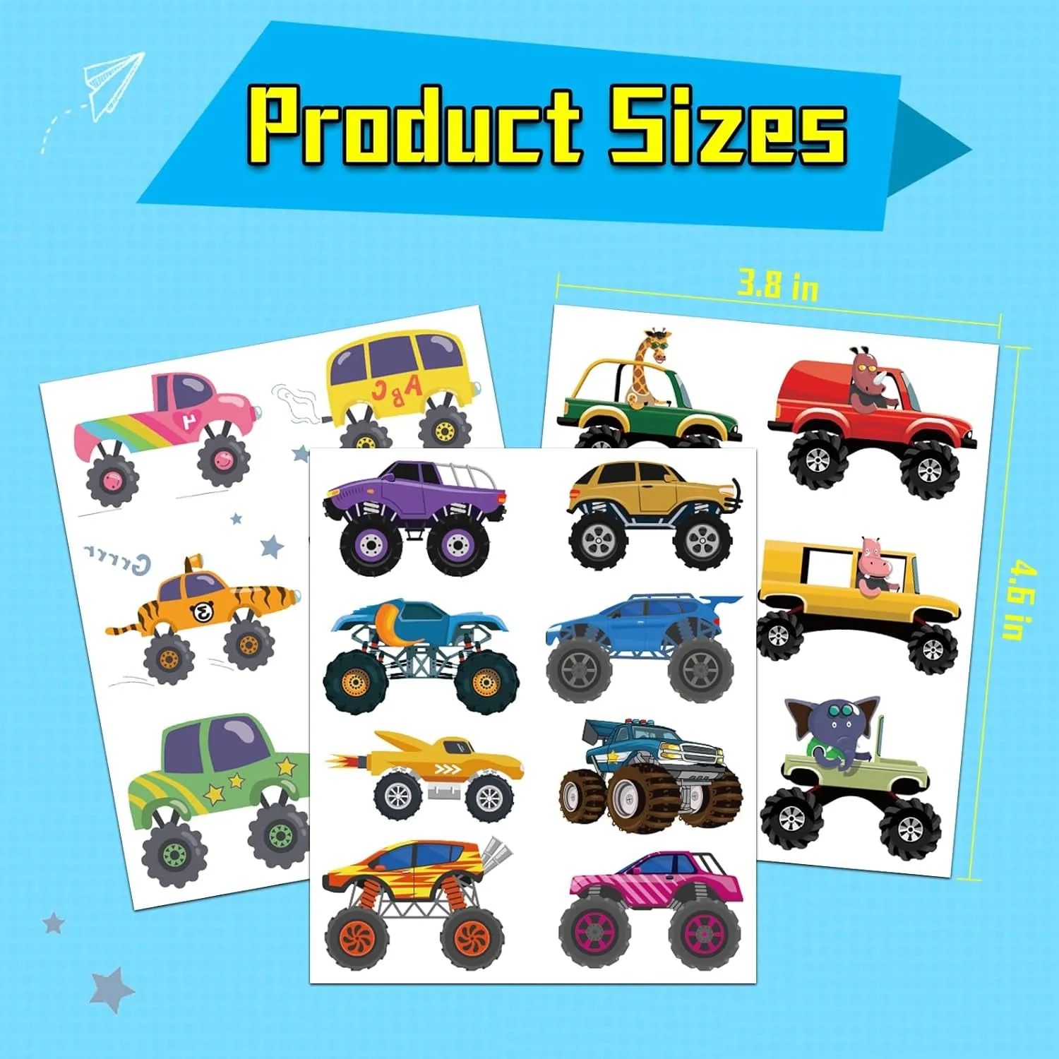 Monster Trucks Temporary Tattoo for Kids, 10 Sheets Monster Truck Fake Tattoos for Boys Party Favors, Goodie Bags Stuffers, Brithday Supplies Decorations