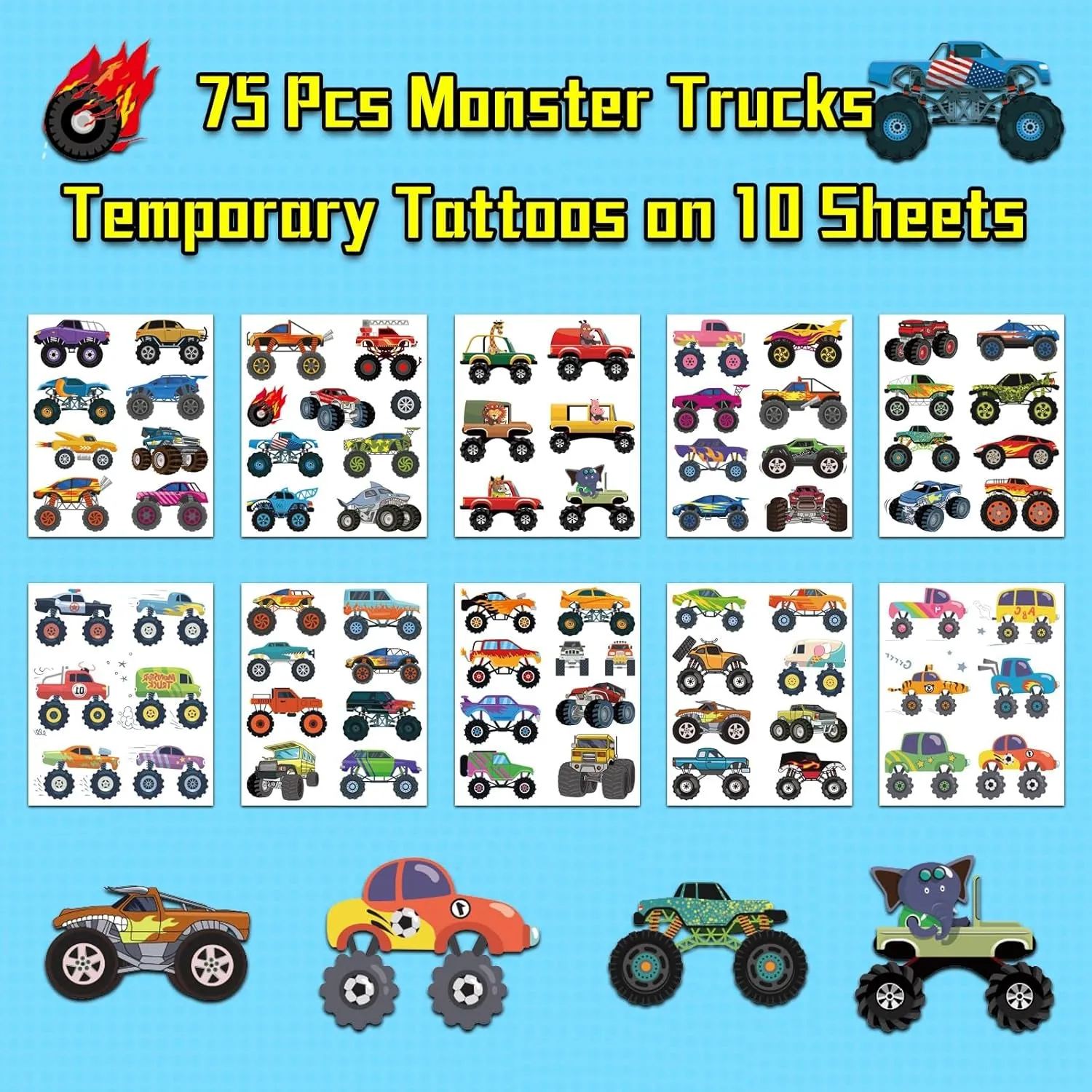 Monster Trucks Temporary Tattoo for Kids, 10 Sheets Monster Truck Fake Tattoos for Boys Party Favors, Goodie Bags Stuffers, Brithday Supplies Decorations