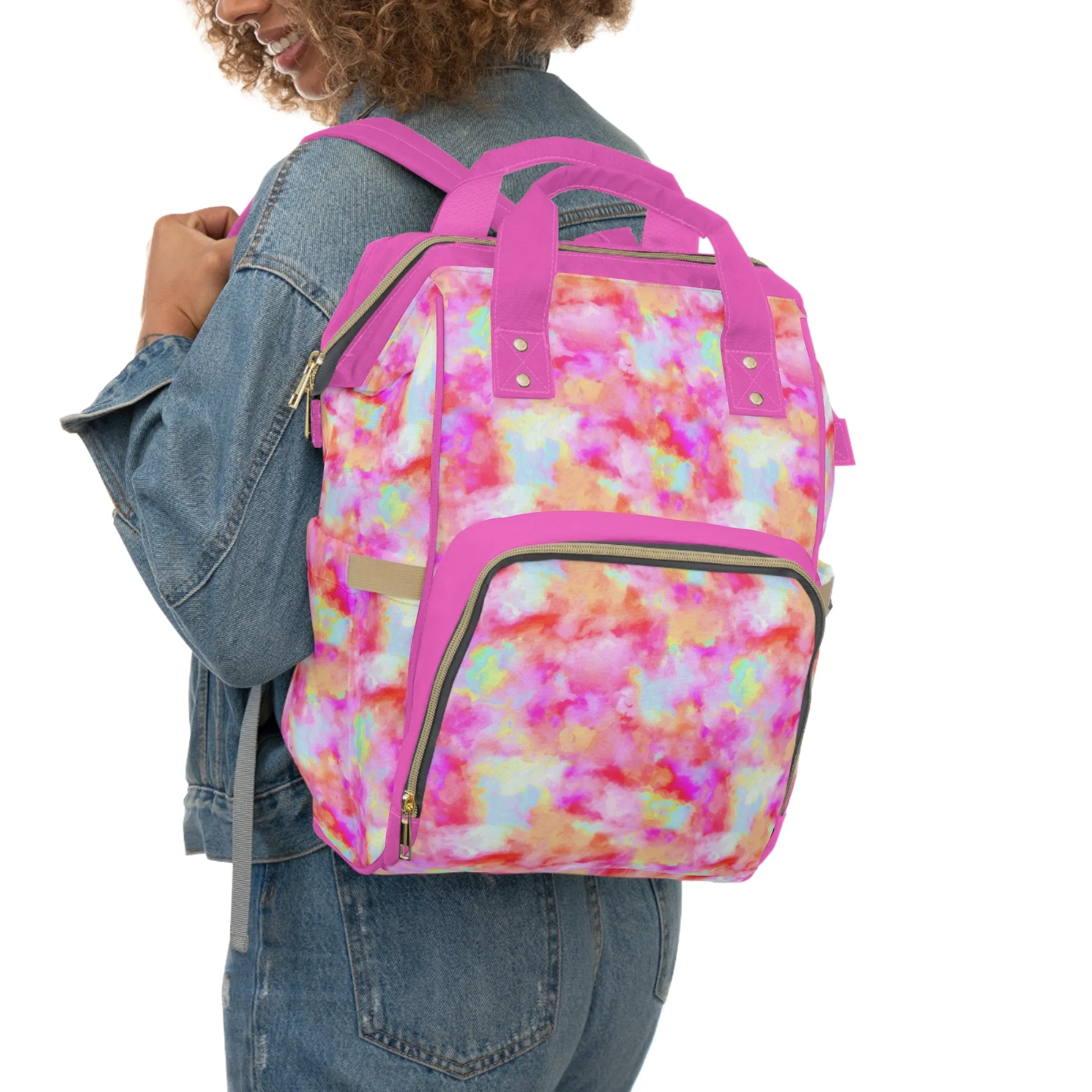 Multifunctional Tie-Dye Diaper Backpack - Lightweight Nylon Baby Bag with Adjustable Straps