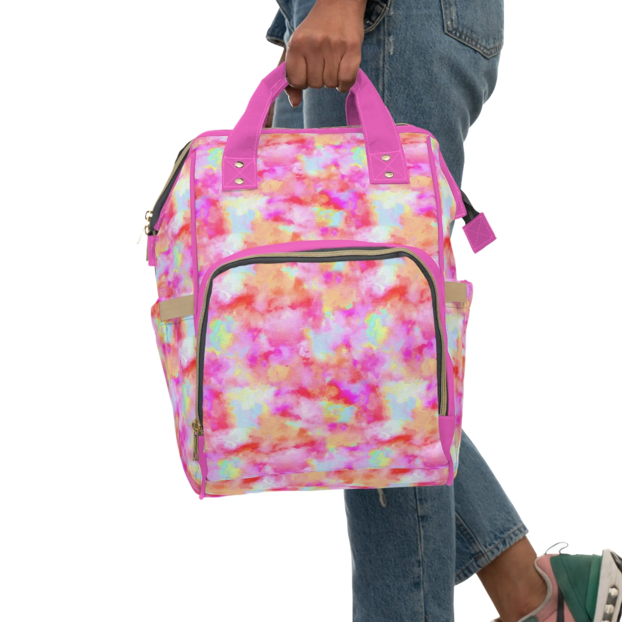 Multifunctional Tie-Dye Diaper Backpack - Lightweight Nylon Baby Bag with Adjustable Straps