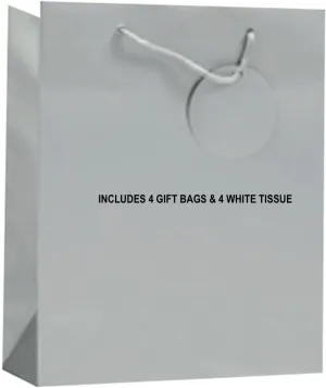 New 4 Pack Small/Medium Silver Gift Bags with Silver Ribbon Handles, Attached Round Gift Tags & 4 Pack White Tissue!