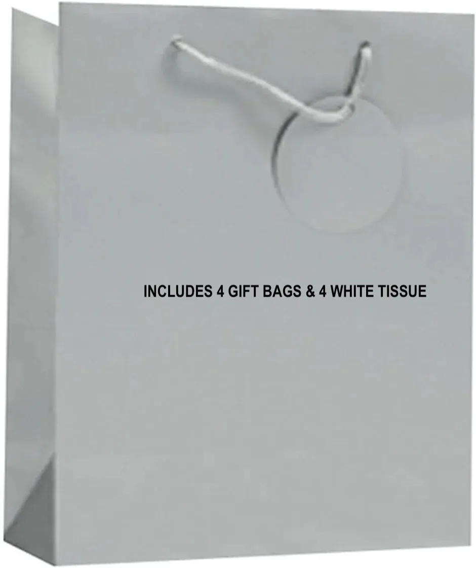New 4 Pack Small/Medium Silver Gift Bags with Silver Ribbon Handles, Attached Round Gift Tags & 4 Pack White Tissue!