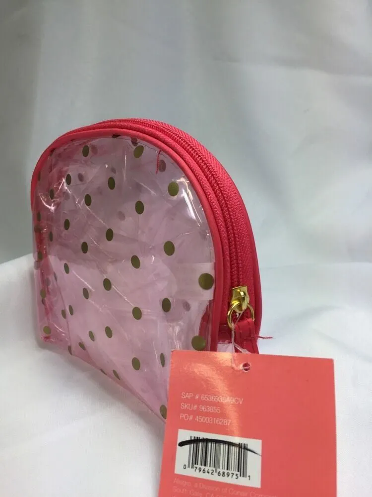 New Pink Coral Gold Polkadot Clear Zipper MakeUp Bag Travel Case Round Top