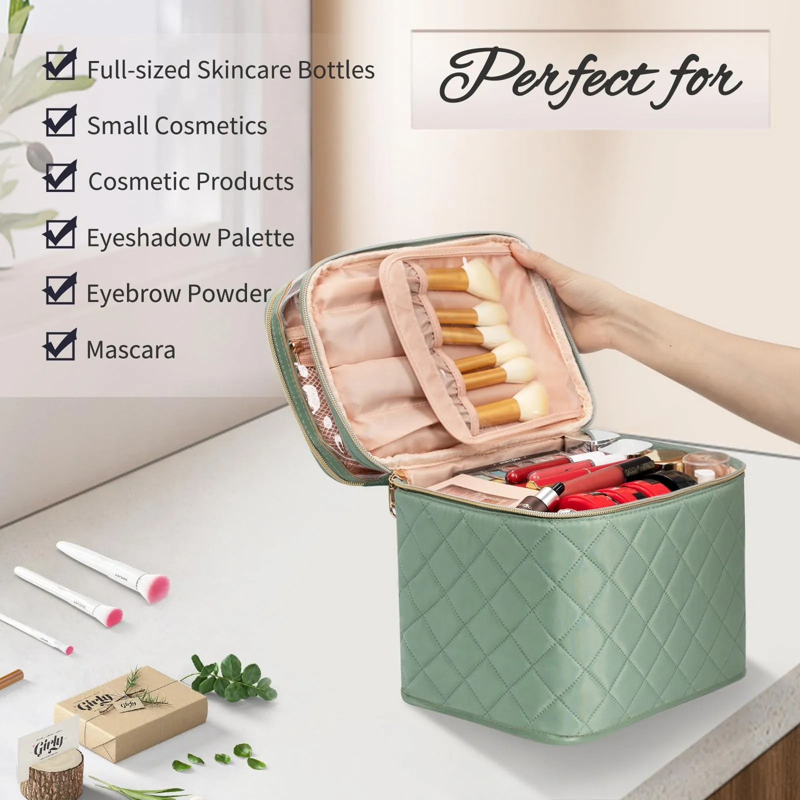OCHEAL Large Makeup Bag, Double Layer Makeup Bag, Vertical Storage Cosmetic Case for Women/Girls with Multiple Compartments-Green