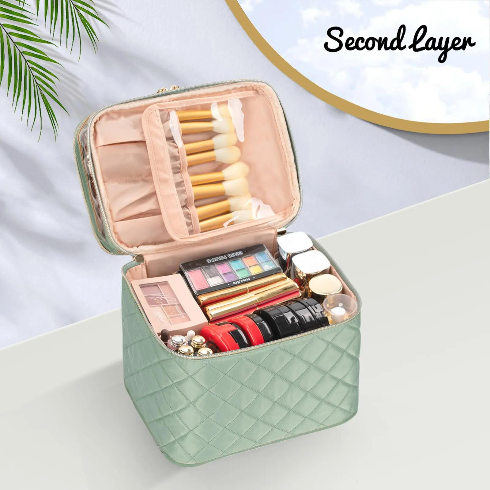 OCHEAL Large Makeup Bag, Double Layer Makeup Bag, Vertical Storage Cosmetic Case for Women/Girls with Multiple Compartments-Green