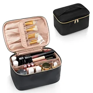 OCHEAL Makeup Bag, Makeup Travel Bag Large Capacity Waterproof Cosmetic Organizer Bag with Makeup Brush Compartment & Handle for Women Girls Travel Toiletry Accessories-Black