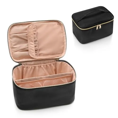 OCHEAL Makeup Bag, Makeup Travel Bag Large Capacity Waterproof Cosmetic Organizer Bag with Makeup Brush Compartment & Handle for Women Girls Travel Toiletry Accessories-Black