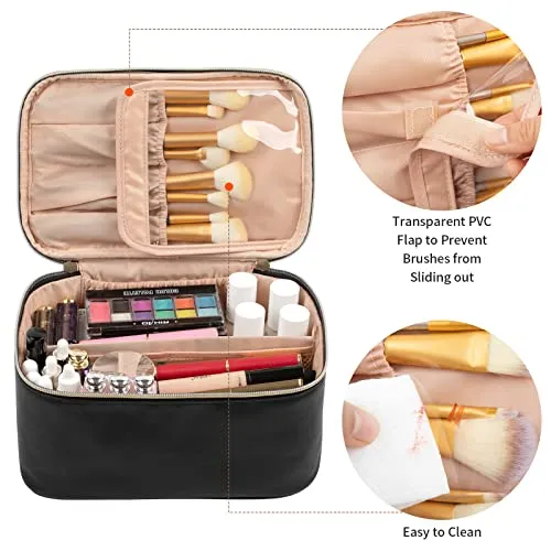 OCHEAL Makeup Bag, Makeup Travel Bag Large Capacity Waterproof Cosmetic Organizer Bag with Makeup Brush Compartment & Handle for Women Girls Travel Toiletry Accessories-Black