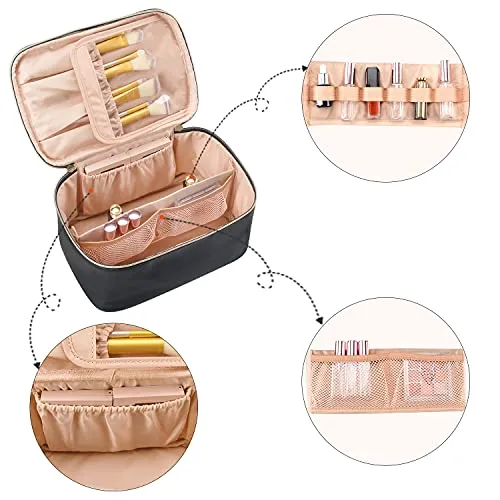 OCHEAL Makeup Bag, Makeup Travel Bag Large Capacity Waterproof Cosmetic Organizer Bag with Makeup Brush Compartment & Handle for Women Girls Travel Toiletry Accessories-Black