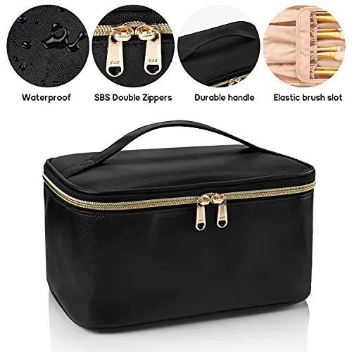 OCHEAL Makeup Bag, Makeup Travel Bag Large Capacity Waterproof Cosmetic Organizer Bag with Makeup Brush Compartment & Handle for Women Girls Travel Toiletry Accessories-Black