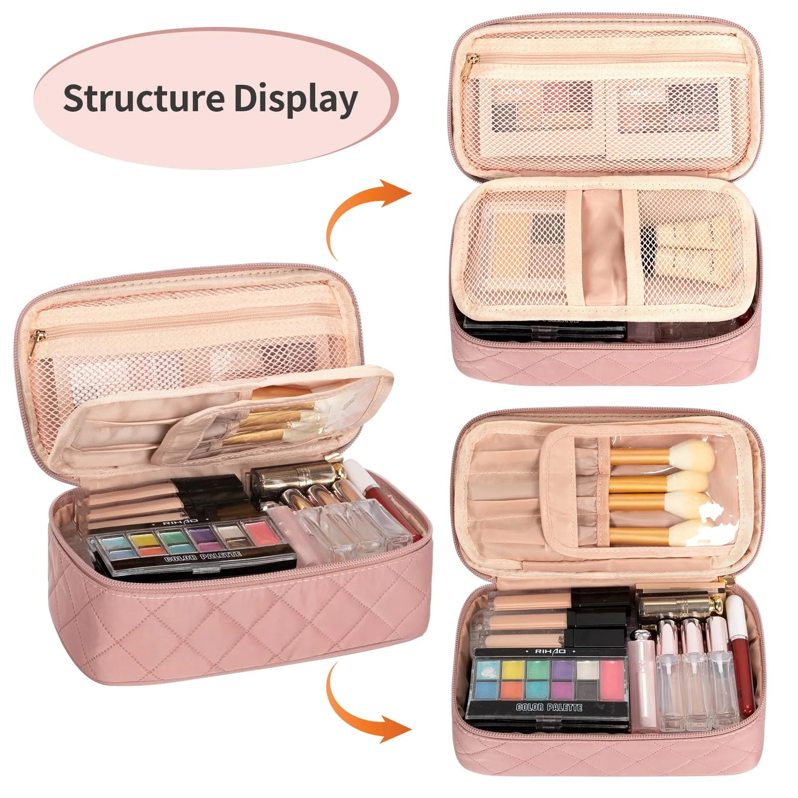 OCHEAL Small Makeup Bag,Portable Cute Travel Makeup Bag Pouch for Women Girls Makeup Brush Organizer Cosmetics Bags with Compartment-Rhombus Pink