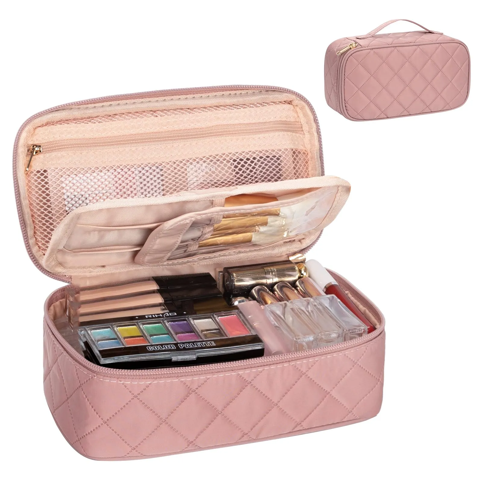 OCHEAL Small Makeup Bag,Portable Cute Travel Makeup Bag Pouch for Women Girls Makeup Brush Organizer Cosmetics Bags with Compartment-Rhombus Pink