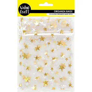 ORGANZA BAG 17X12.5CM GOLD STAR 3PC