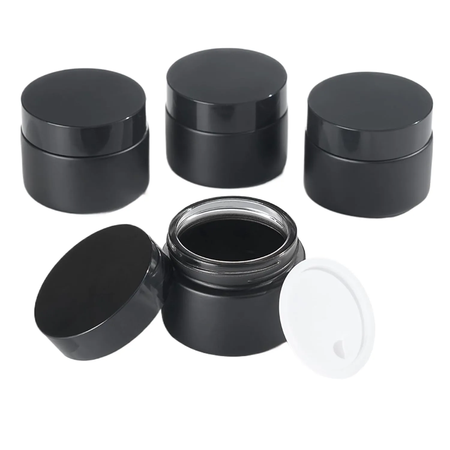 Overnews 2Oz Amber Glass Jar Travel Size, 4PCS Empty Cosmetic Lotion Container with Black Lid & Spatula, Small Mini Jar for Beauty
