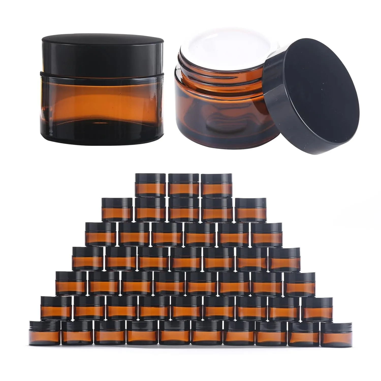Overnews 2Oz Amber Glass Jar Travel Size, 4PCS Empty Cosmetic Lotion Container with Black Lid & Spatula, Small Mini Jar for Beauty