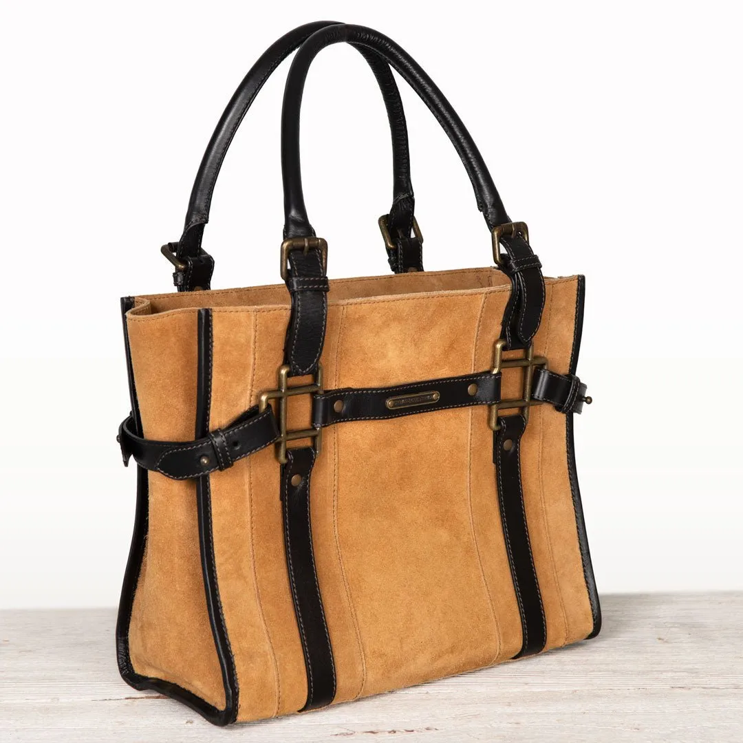 Paddock -  Custom Equestrian Halter Bracket Tote Bag in Italian Leather and Suede two tone Chestnut and Black
