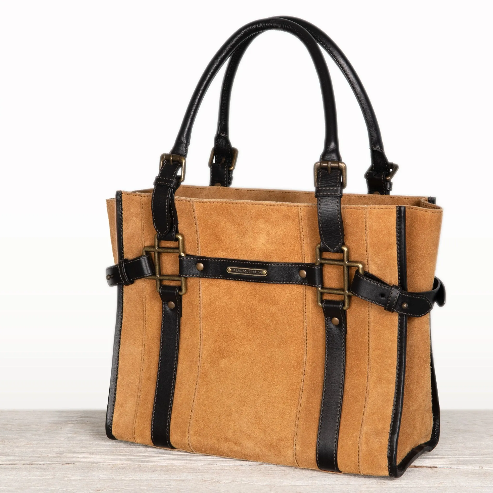 Paddock -  Custom Equestrian Halter Bracket Tote Bag in Italian Leather and Suede two tone Chestnut and Black