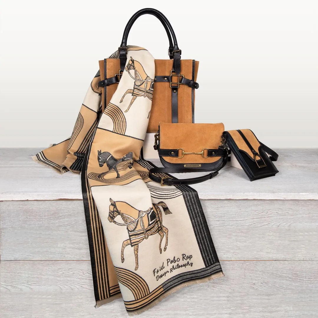 Paddock -  Custom Equestrian Halter Bracket Tote Bag in Italian Leather and Suede two tone Chestnut and Black