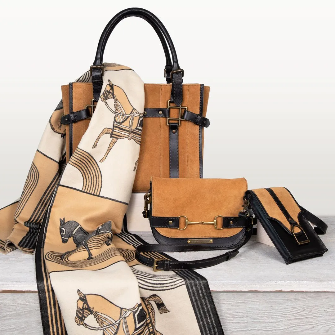 Paddock -  Custom Equestrian Halter Bracket Tote Bag in Italian Leather and Suede two tone Chestnut and Black