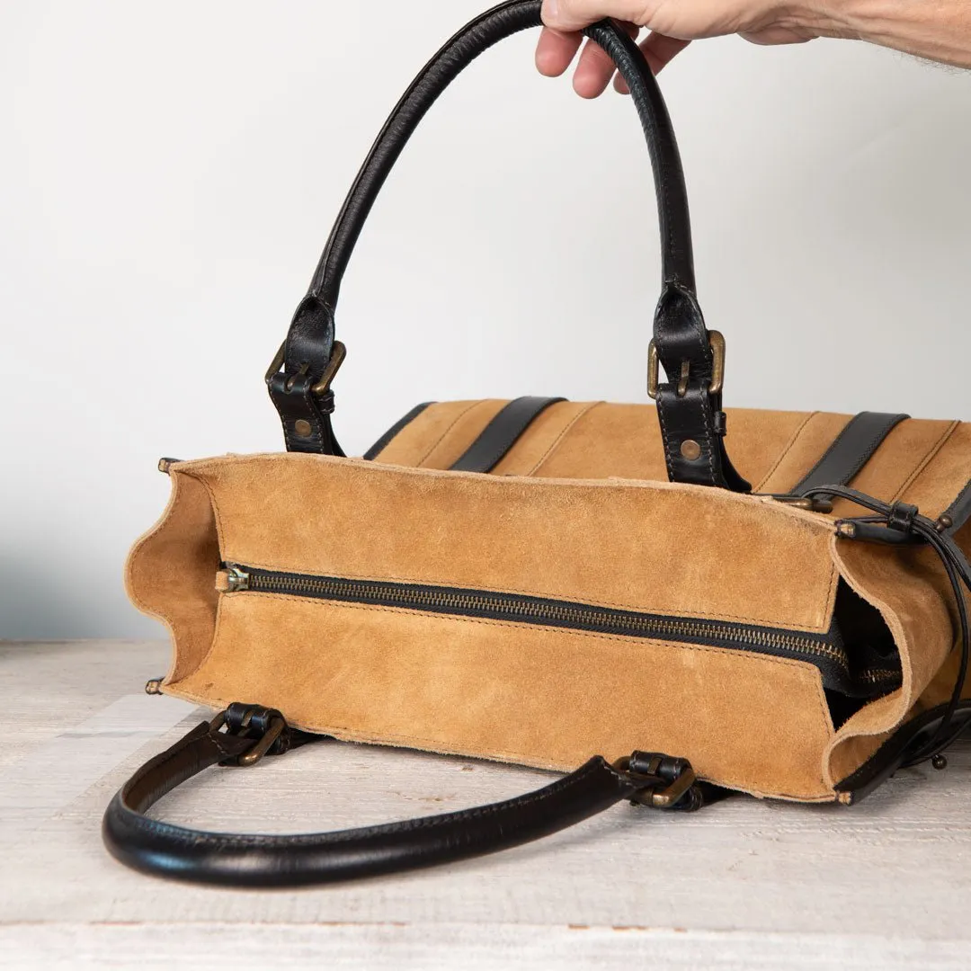Paddock -  Custom Equestrian Halter Bracket Tote Bag in Italian Leather and Suede two tone Chestnut and Black