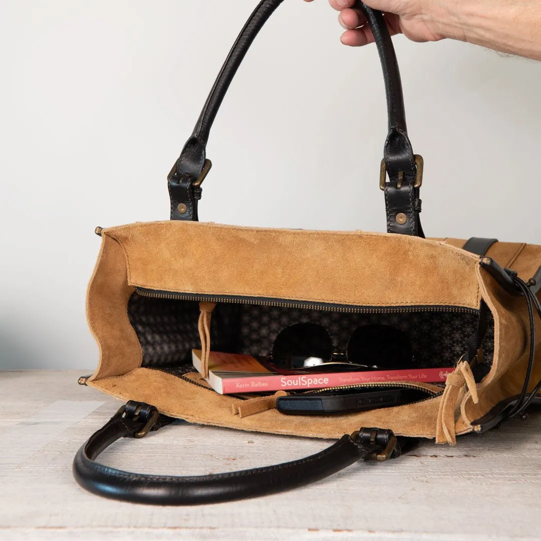 Paddock -  Custom Equestrian Halter Bracket Tote Bag in Italian Leather and Suede two tone Chestnut and Black