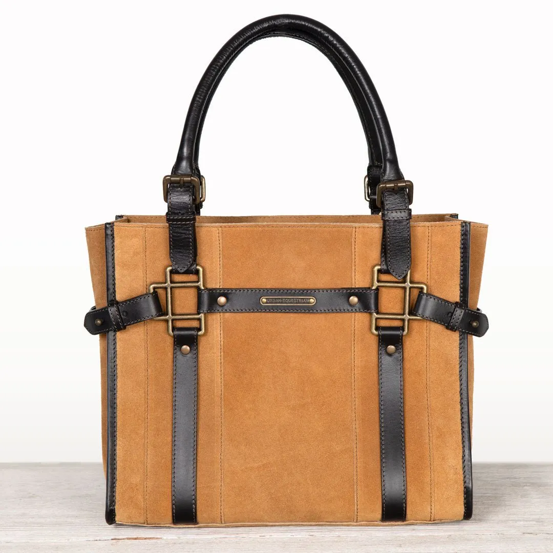Paddock -  Custom Equestrian Halter Bracket Tote Bag in Italian Leather and Suede two tone Chestnut and Black