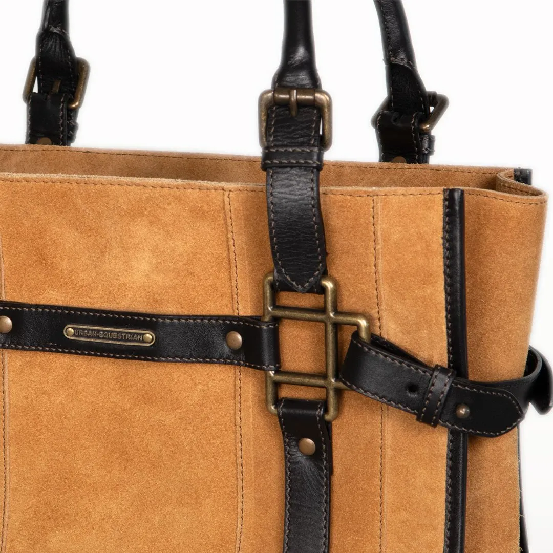 Paddock -  Custom Equestrian Halter Bracket Tote Bag in Italian Leather and Suede two tone Chestnut and Black