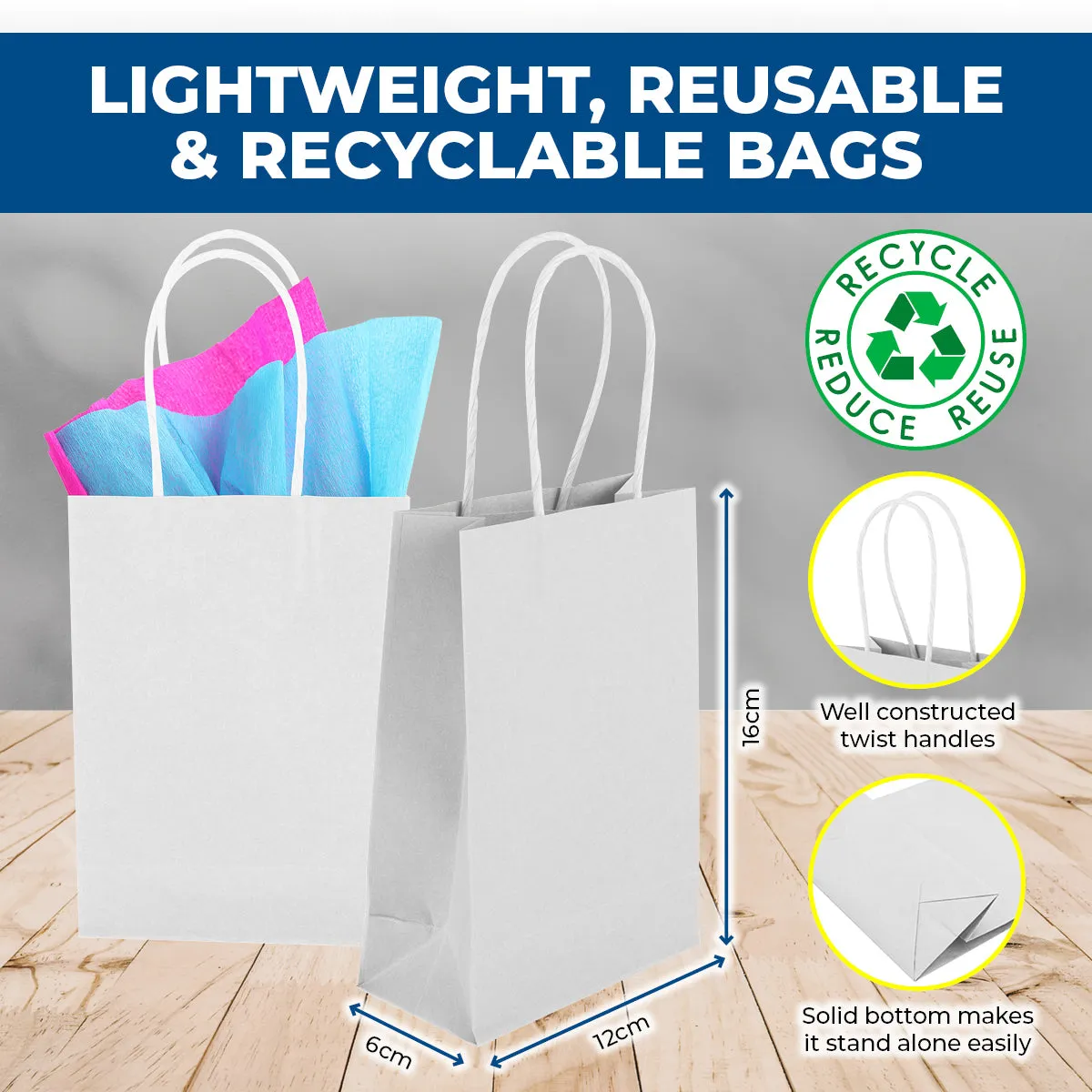 Party Central 108PCE Gift/Craft Paper Bags White Reusable 12 x 16cm