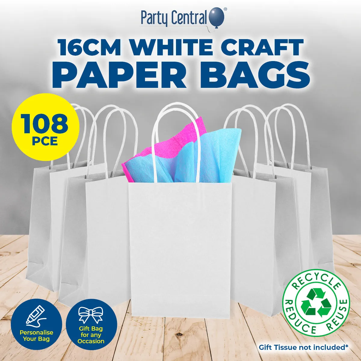 Party Central 108PCE Gift/Craft Paper Bags White Reusable 12 x 16cm