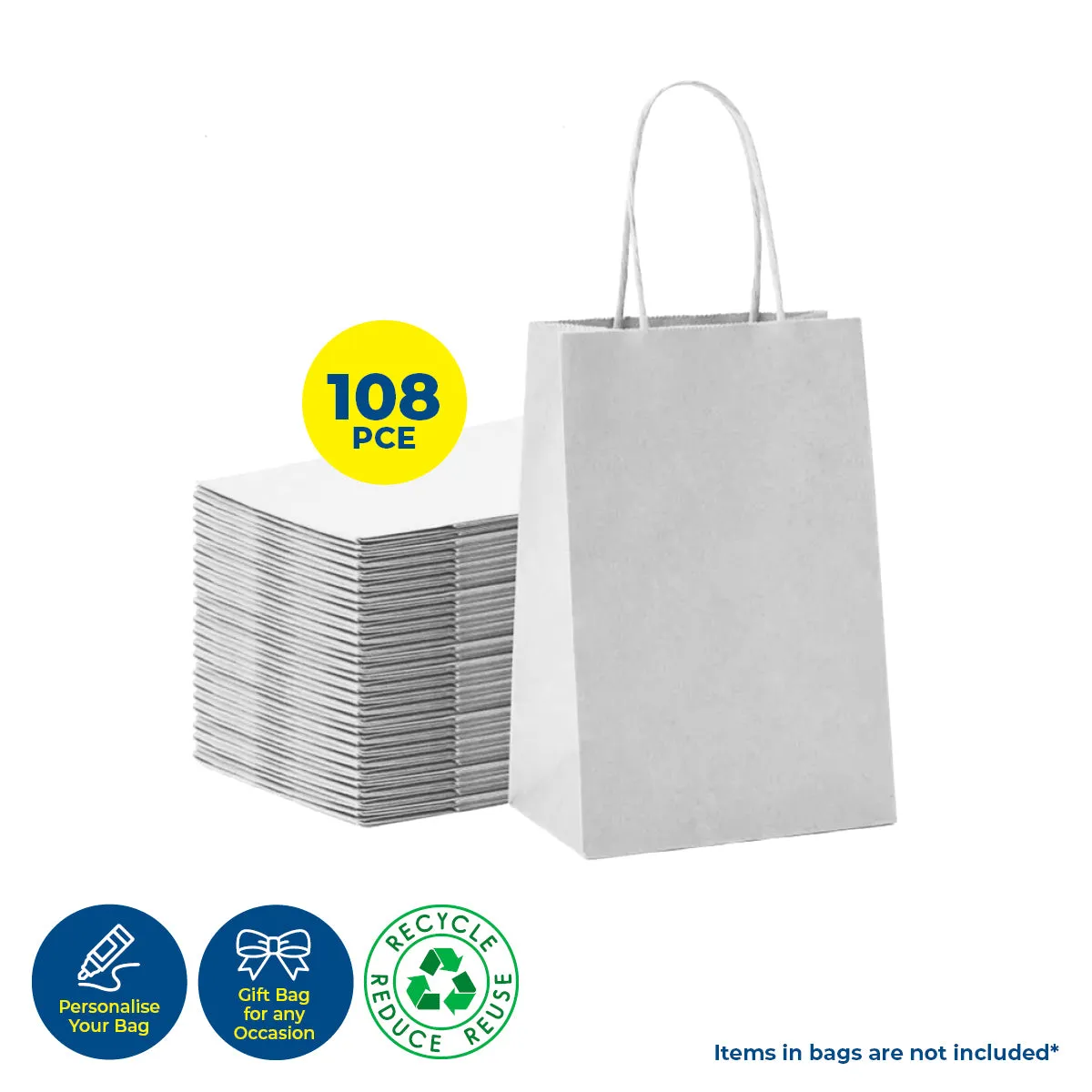 Party Central 108PCE Gift/Craft Paper Bags White Reusable 12 x 16cm
