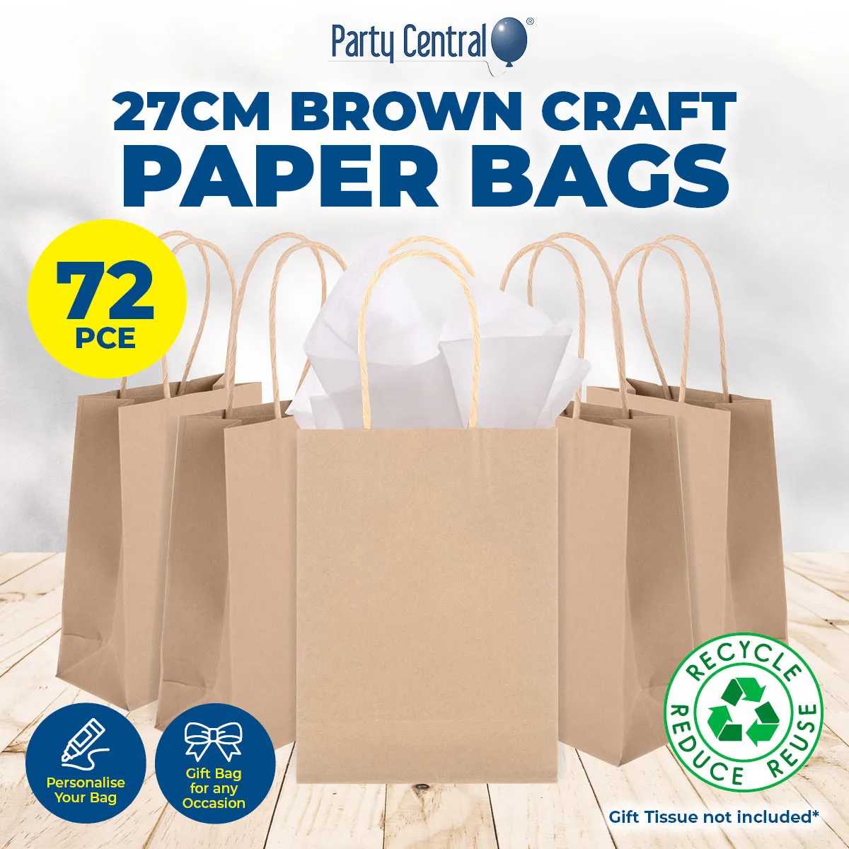 Party Central 72PCE Gift/Craft Paper Bags Brown Reusable 21 x 27cm