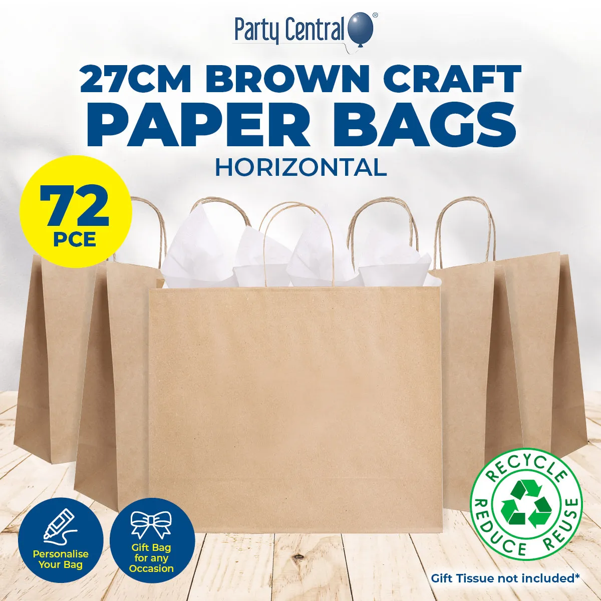Party Central 72PCE Gift/Craft Paper Bags Horizontal Brown Reusable 21 x 27cm
