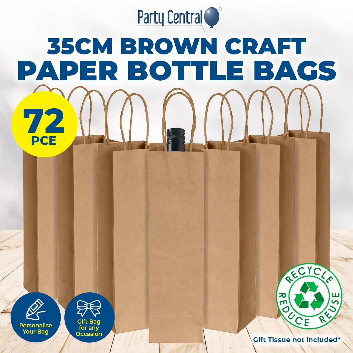 Party Central 72PCE Gift/Craft Paper Bottle Bags Brown Reusable 12 x 35cm