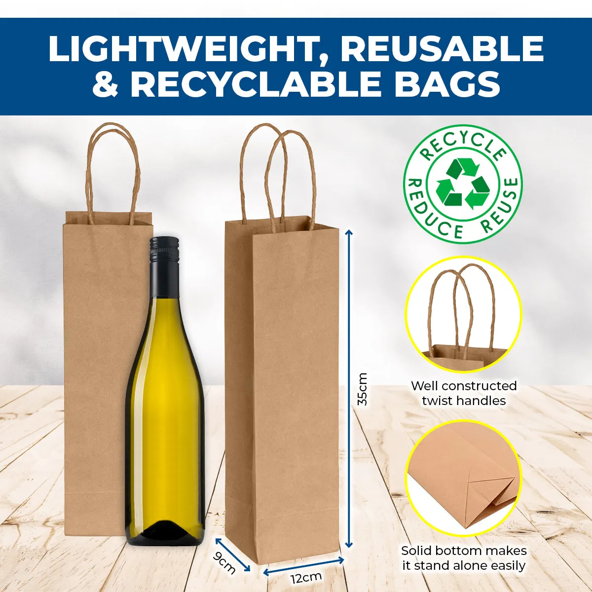 Party Central 72PCE Gift/Craft Paper Bottle Bags Brown Reusable 12 x 35cm
