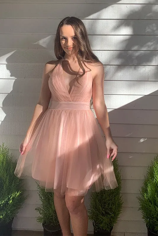 Pink Deep V Neck Backless Tulle Short Homecoming Dresses