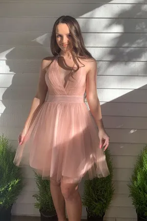 Pink Deep V Neck Backless Tulle Short Homecoming Dresses