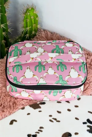 Pink Steer Skull And Cactus Western Travel Cosmetic Case