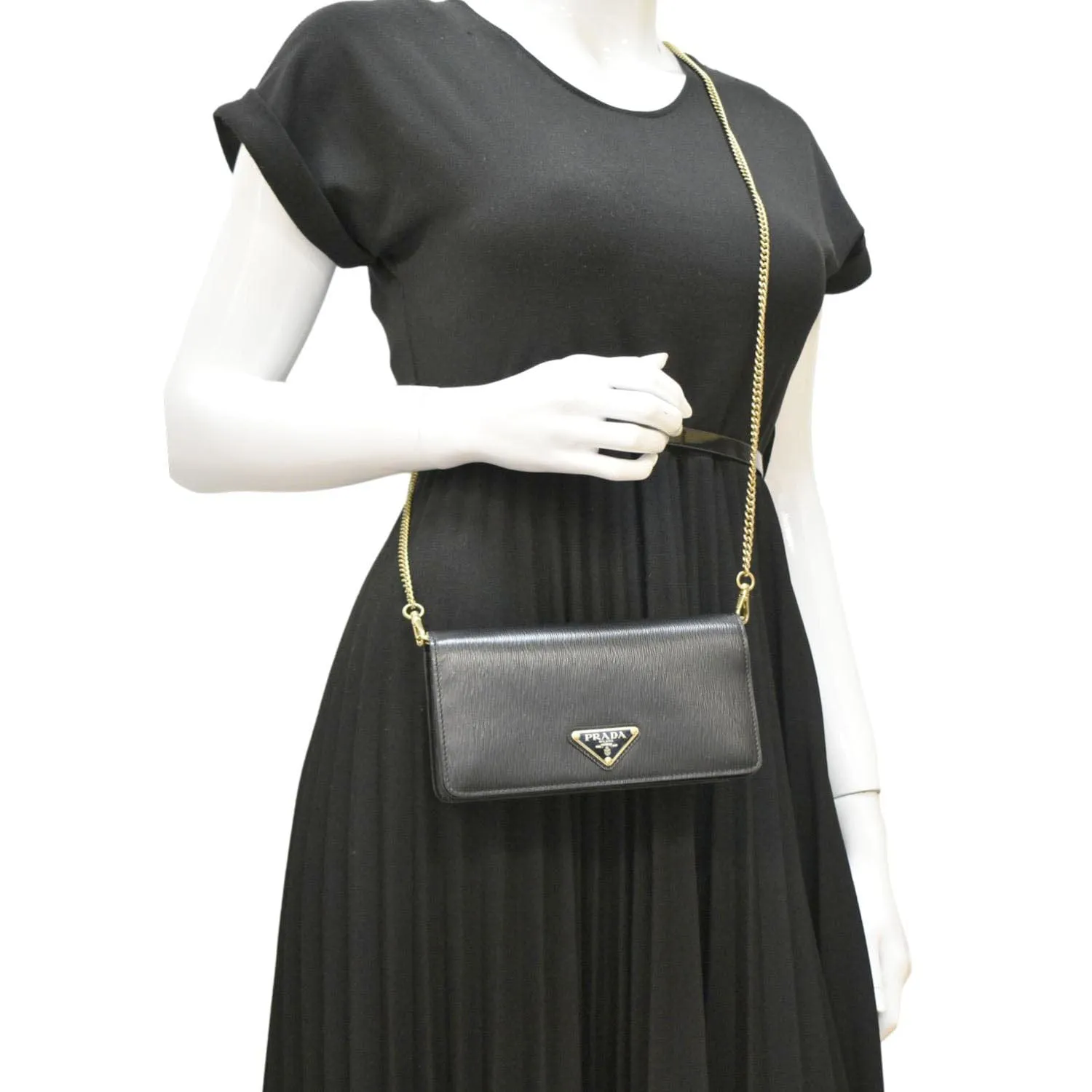 PRADA Wallet on Chain Leather Clutch Crossbody Bag Black