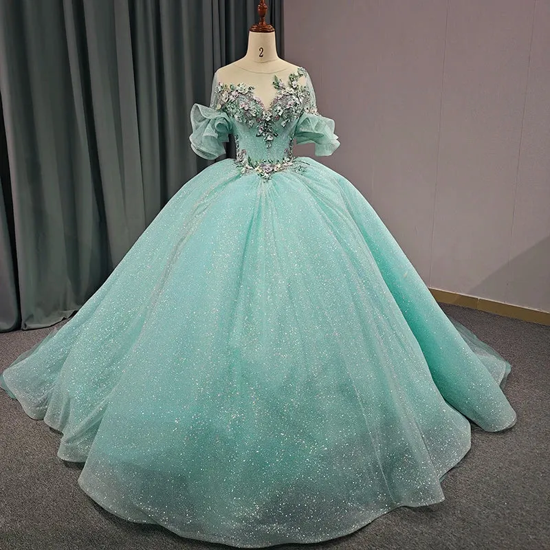 Princess Sheer Neck Short Sleeves Prom Dresses Appliques Ball Gown