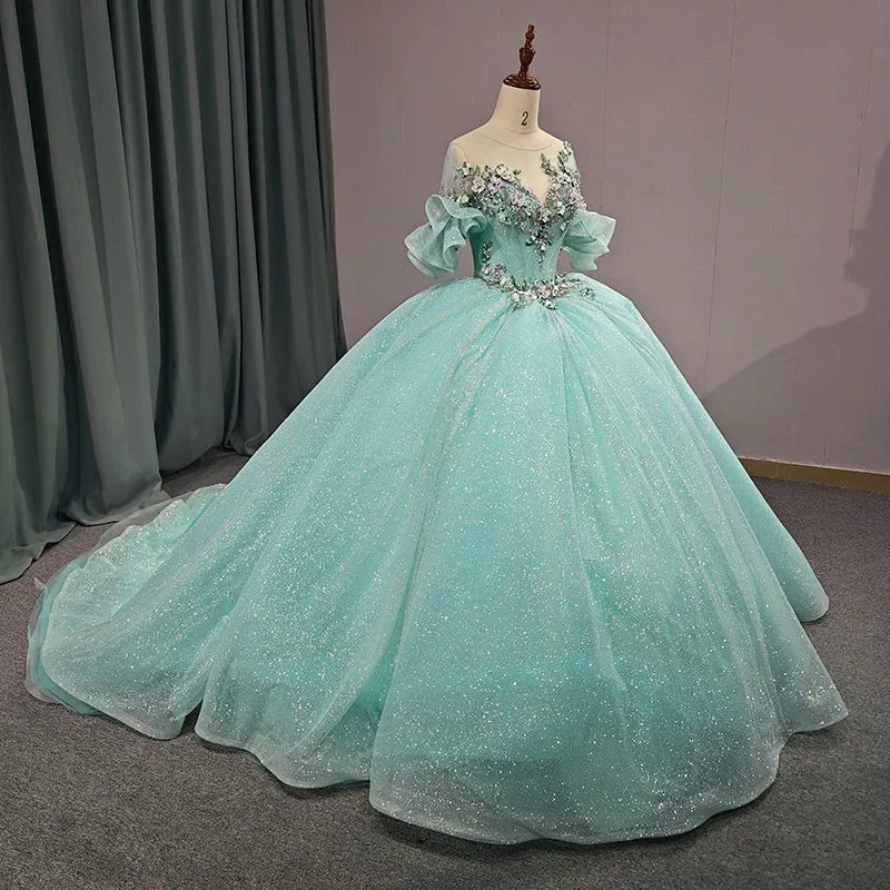 Princess Sheer Neck Short Sleeves Prom Dresses Appliques Ball Gown