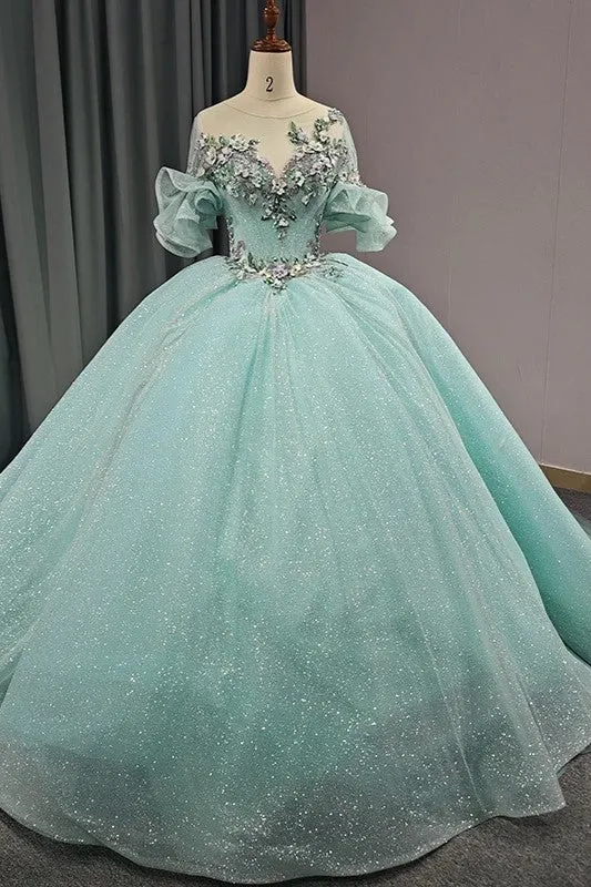 Princess Sheer Neck Short Sleeves Prom Dresses Appliques Ball Gown