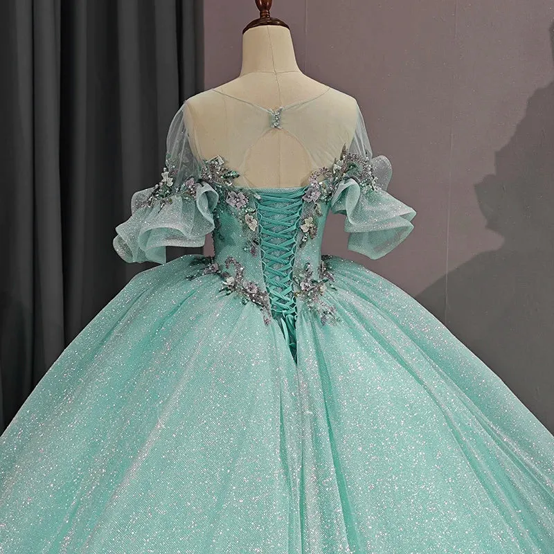 Princess Sheer Neck Short Sleeves Prom Dresses Appliques Ball Gown