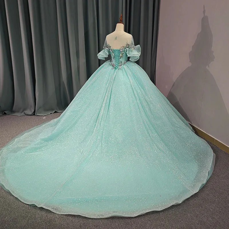 Princess Sheer Neck Short Sleeves Prom Dresses Appliques Ball Gown