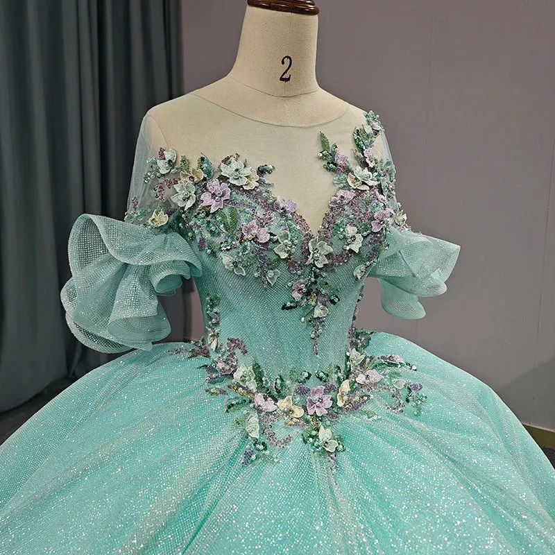 Princess Sheer Neck Short Sleeves Prom Dresses Appliques Ball Gown
