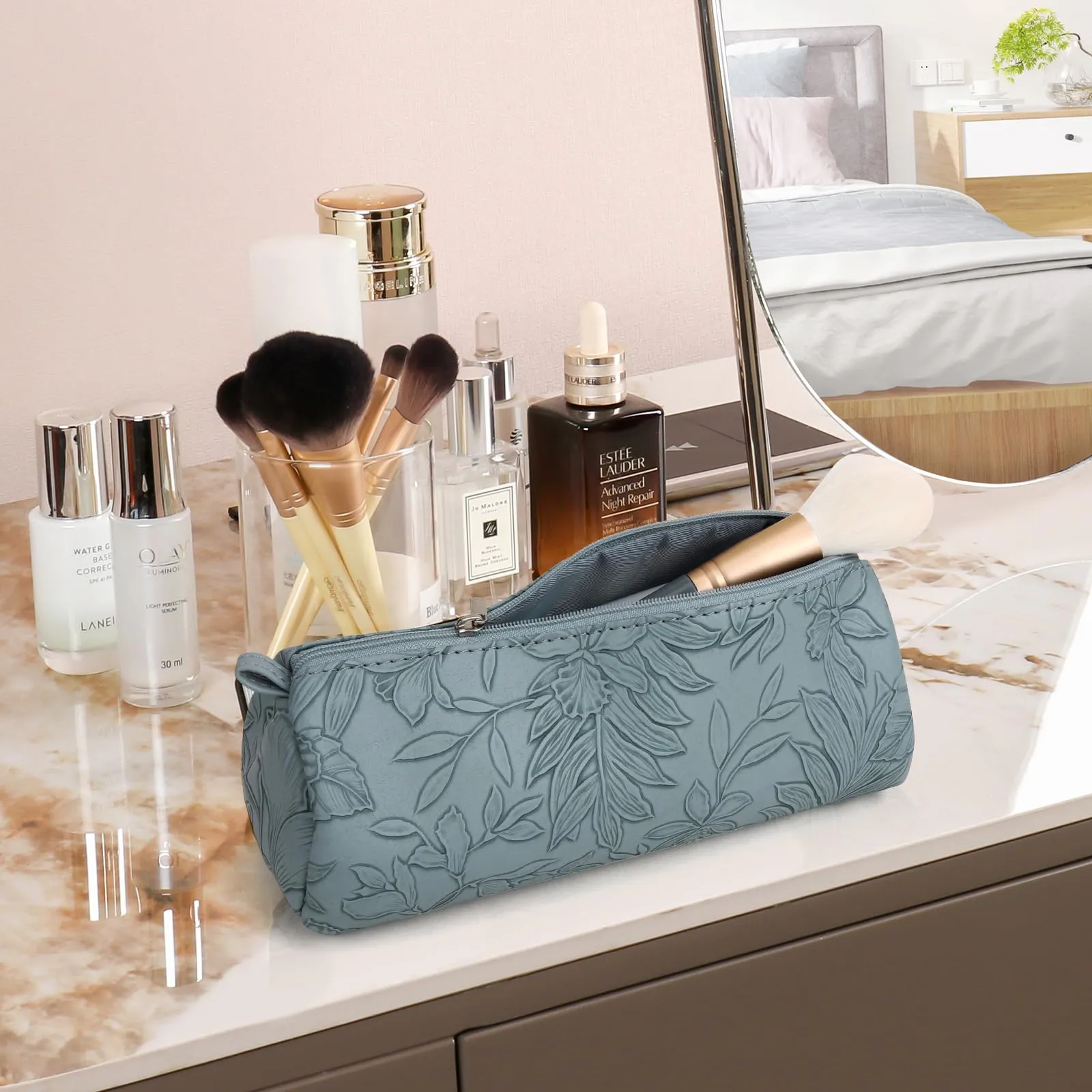 PU Leather Cosmetic Bag for Women - Floral Makeup Bag Portable Storage Purse for Makeup Brushes (Z-Blue-Case)